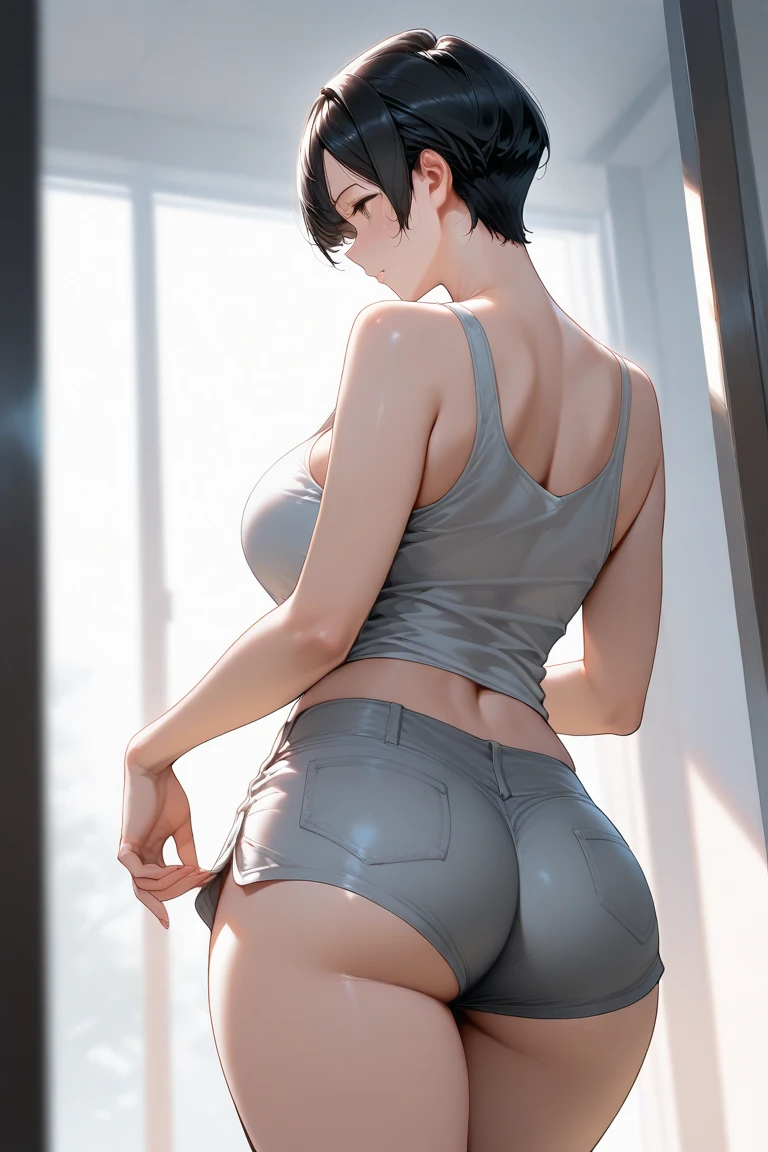 20 year old Japanese woman,(非常にdetailedな肌),Curvy,,Beautiful big ,(Very large breasts),Pale skin,Pointed Chest,Erect nipples,(Fantasy art,Best image quality,Hyperrealist portrait,(8k),Ultra-realistic,最high quality, high quality, High resolution, high quality texture,Attention to detail,Beautiful details,detailed,Extremely detailed CG,detailed Texture,Realistic facial expressions,masterpiece,in front,dynamic,bold),(((Rimless Glasses)))(((short pixie cut))),(Very thin hair),(Very soft hair),(Super Straight Hair:1.5),length, sleek bangs,Very light coppery amber hair,Hair in one eye、(((Wear running clothes)))　(((sit astride a high-backed chair)))　(((Sit with your chest against the backrest)))　(((Rear View)))　(((Photo from behind)))　(((I&#39;I&#39;I&#39;I&#39;m not wearing anything under my running shorts)))(((Pants are wet and sheer)))　(((彼女はAccentuate your buttために背中を反らせている)))　(((The lines of the body are clearly visible)))、(((Depiction of beautiful fingers)))　(((Beautiful body depiction)))　(((Sit with your legs apart)))、(((Accentuate your butt)))、(((Full body photo)))、(((Low angle photo)))、(((Correct ankle orientation)))(((Correct number of legs)))　