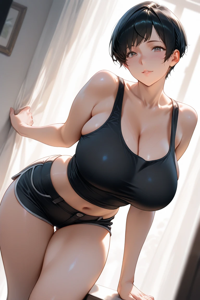 ultra Realistic photo, ((21-year-old girl wearing a training bra)), Dean Wo, (Small waist), One girl, blush, masterpiece, 最high quality, absurdes, Award-winning photograph, Attention to detail, Very complicated,, Detailed face + eye, Natural light, Realistic, Very detailed, photograph, masterpiece, high quality, high quality, High resolution, sexy, Lovely, Detailed face, whole body, Beautiful Face, Open black shirt, It gives me goosebumps, 1 only, One girl, full body,big breasts,