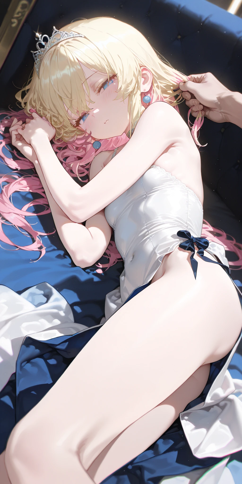 fantasy, fox girl, (((highest quality))), ((masterpiece)))), (super detailed: 1.3), (hi-res), amazing, complex, illustration, (artgerm: 1.2), ((Highly detailed wallpaper 4k CG Unity)))), official art, original, ears, fox tail, pink hair, medium breasts, nudity, (masterpiece, top quality), side lightning, beautiful delicate eyes Open mouth, slave chain, slave collar, hut, , (sweat), used tissue, lying in bed, maid, loli, tied with rope