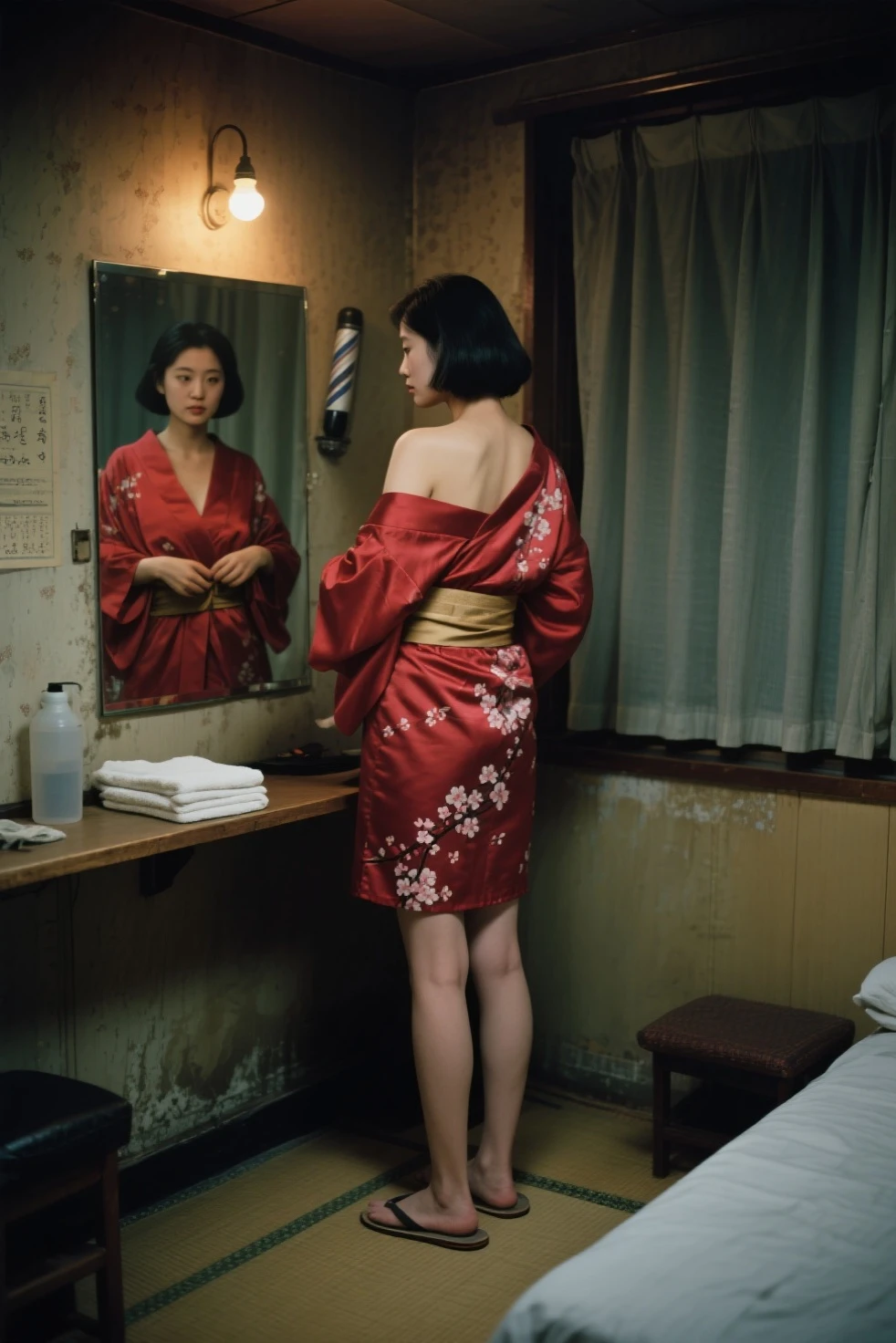 In a small backroom of a discreet men's hair salon in 1990s Seoul, a young Korean woman stands in front of a low mirror, adjusting the belt of her short Japanese-style kimono. The robe is silk, crimson with delicate cherry blossom patterns, loosely tied to reveal her neckline and one  shoulder. Her legs are , and she wears simple indoor slippers. The room is dimly lit by a single bulb, casting soft shadows on the faded wallpaper and tatami-like floor mat. A low bed sits in the corner with folded towels and a water jug. She glances over her shoulder toward the curtain, awaiting the next client. Warm lighting, cinematic realism, subtle sensuality, 90s noir atmosphere.