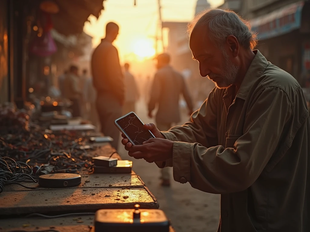 Show me a man who is extremely hungry and poor, with a phone in his hand.