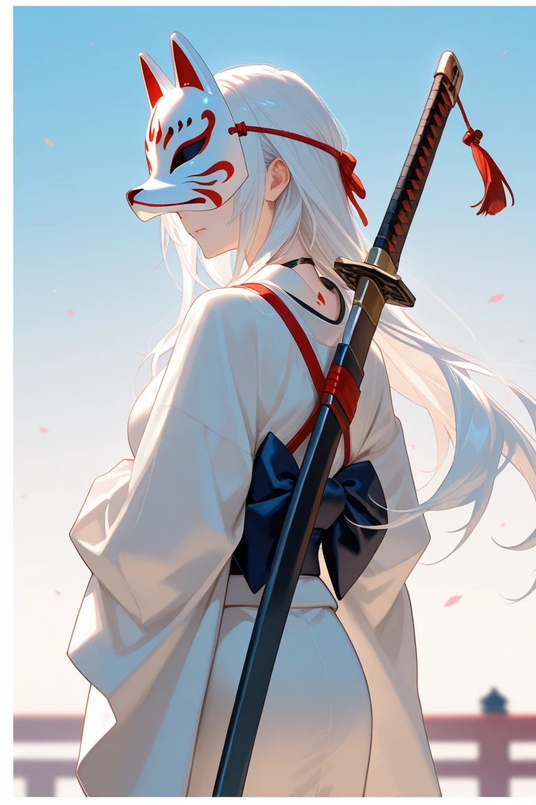 anime、Pencil drawing、sketch、a typical Japanese red circle in the middle on a white background、A classic Japanese model、Japanese in a typical Japanese kimono、wearing a fox mask with bloodstains on a kimono、Holding a sword、from the front、Open cleavage、Open kimono、beautiful、Long Hair、