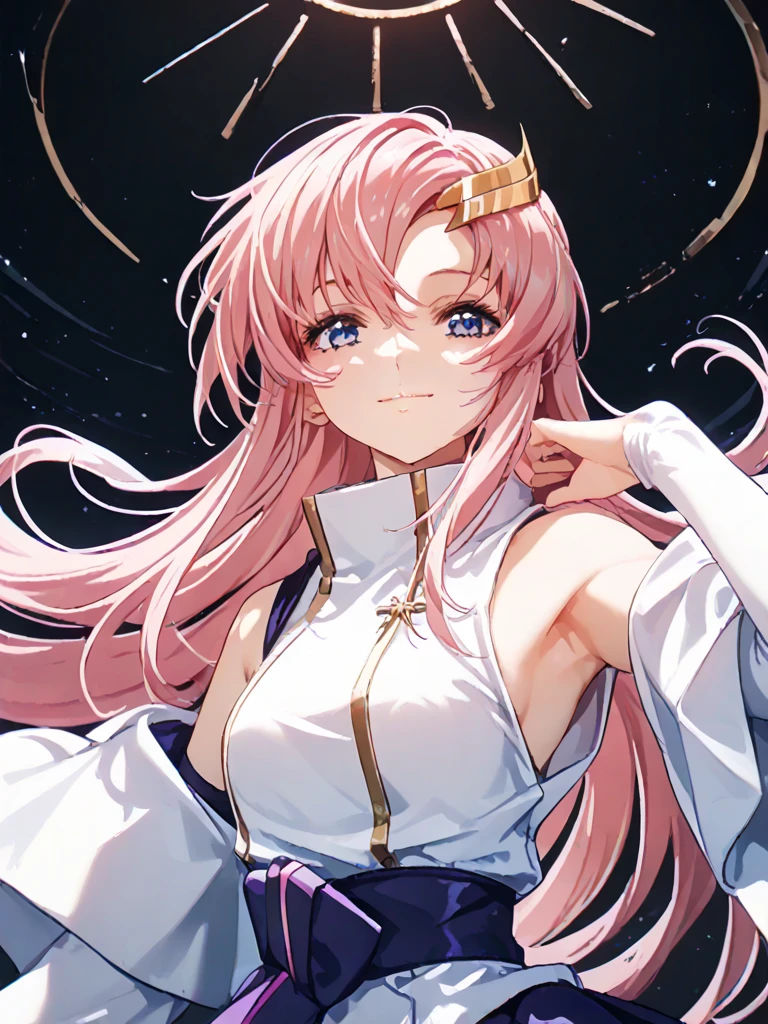 (masterpiece:1.3), (best quality:1.1), (8k, ultra detailed, ultra high res:1.2), ((anime style)), perfect 5 fingers, perfect anatomy, 
1girl,
BREAK long hair, 
pink hair, 
purple eyes,  
white cloth, white skirt, detached sleeves, shoulder hole tops, 
looking at viewer, smile, standing, 
(cowboy shot1.5), 
perfect light, 
(detailed background:1.2), space, sun, star, moon, the cosmos, galaxy, 