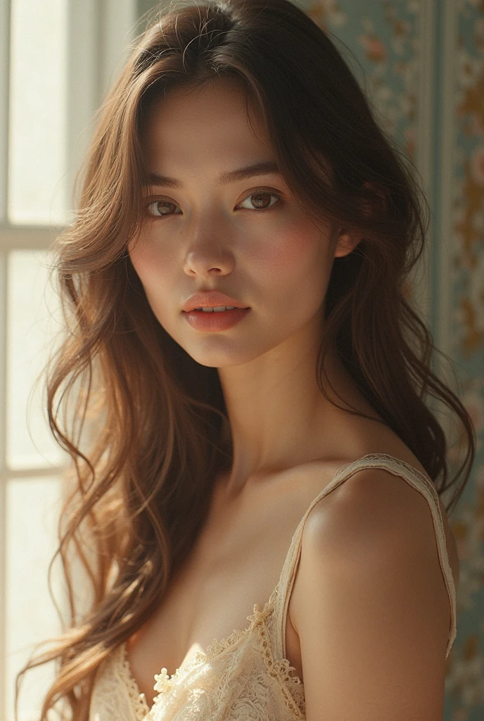 Beautiful girl with wavy long hair, without dress