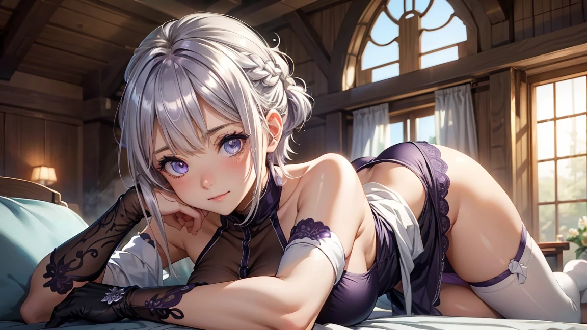 (((best quality)), ((masterpiece)), (details), masterpiece, best quality, high quality, ulutra detailed, perfect face, ((1girl, blue eyes, cat ears: 1.3 silver bob hair: 2.5,)) 、Shiny Hair、Glowing Skin、blush、Lustful look、Sleep in bed、Side Angle、whole body、Lace purple babydoll、barefoot、Purple lace panties、Butt、Sideboob、
