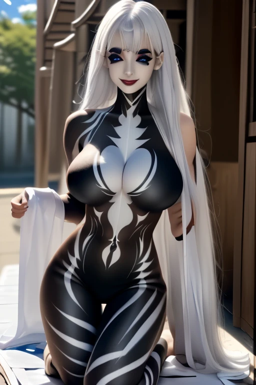 A vampire woman,fully body photo，There is an extremely gorgeous big crown on the head，Gorgeous costumes，neck rings，Bracelet，leg loops，Beautiful appearance，Extremely perfect face shape，she has a very tall, slim sexy body，Possessing extremely exaggerated huge and thick breasts，elongate waist，Extremely exaggerated huge thick butt，Extra long thick legs，The legs are extremely long，The legs are particularly long， Vampire fangs, (There is blood on her chin), (Extra-long gray hair，Super long hair five meters long，), (Thick clothes), (tmasterpiece), （Vampire costumes，Black ta，black heels）(stand posture), (Bareback), (Very long hair), perfect body figure, (fishing nets:1.3), (Surreal eyes), (Detailed faces), SLR photography, Focus sharp, Unreal Engine5, Octagonal rendering, Redshift, (电影灯光), 8K, raw, unedited, symmetrical balance, Inside the box, Symmetrical face, Symmetrical body, symmetrical hands.fully body photo。