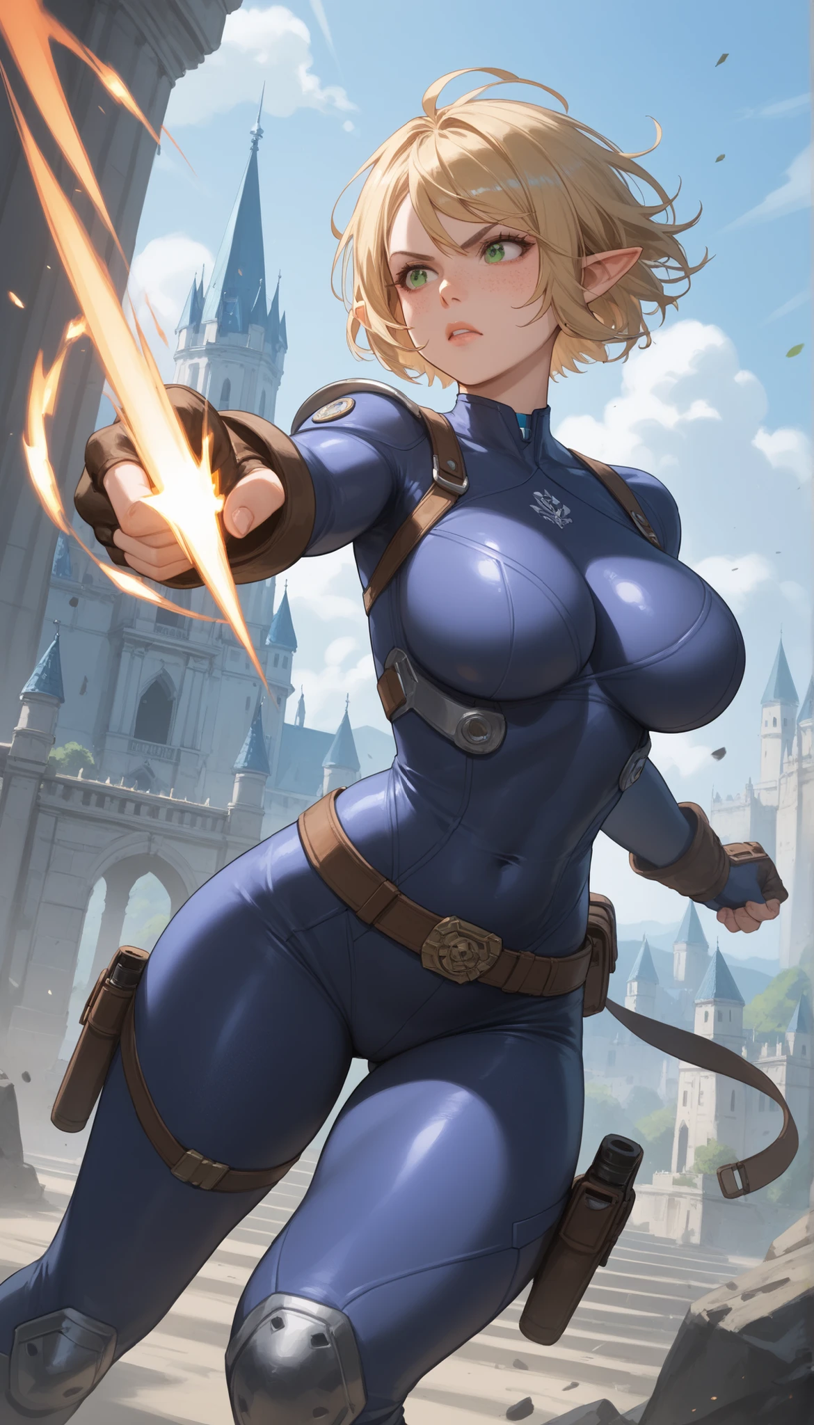 (masterpiece, best quality, ultra detailed, beautiful illustration), atmospheric perspective, depth of field, beautiful detailed eyes, anime eyes:1.4, looking at the viewer, (cowboy shot), dynamic pose, dynamic angle, (outdoors, grassland, blue sky, cloud), 1girl, :d, mature woman, (huge breasts), <lora:FinalFantasy_FemaleMonk:1>, MonkFFT, short hair, blonde hair, blue eyes, muscular female, strapless, bare shoulders, blue unitard, gauntlets, boots,
