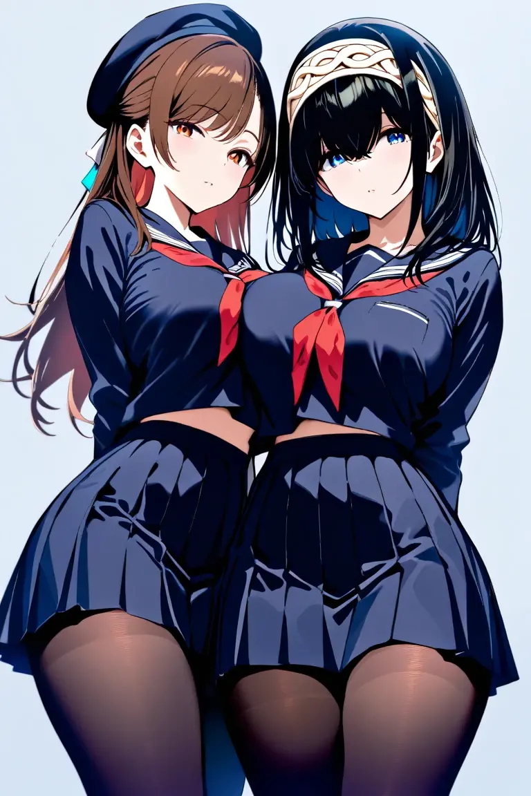 twogirls,Same stature,sailor uniformm,in class room,Hold each other's waist,The two bodies are close together,Kiss