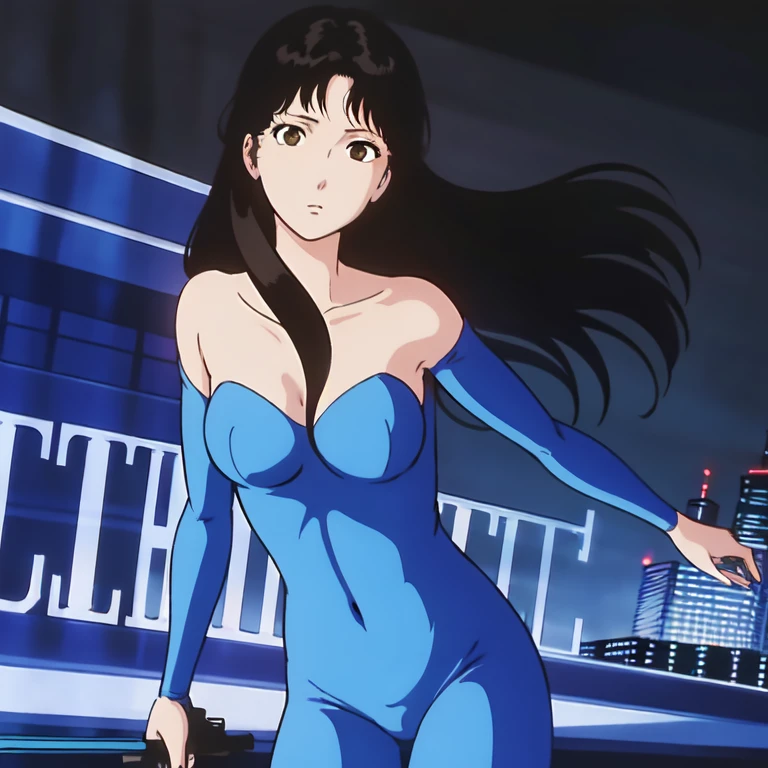 masterpiece,high quality,ultra high definition,solo,outdoors,night,
<lora:HitomiKisugi001:0.7>,looking at viewer,smile,
HitomiKisugi,1girl,
long hair,black hair,eyelashes,brown eyes,
blue bodysuit,off shoulder,
sash,
full body,