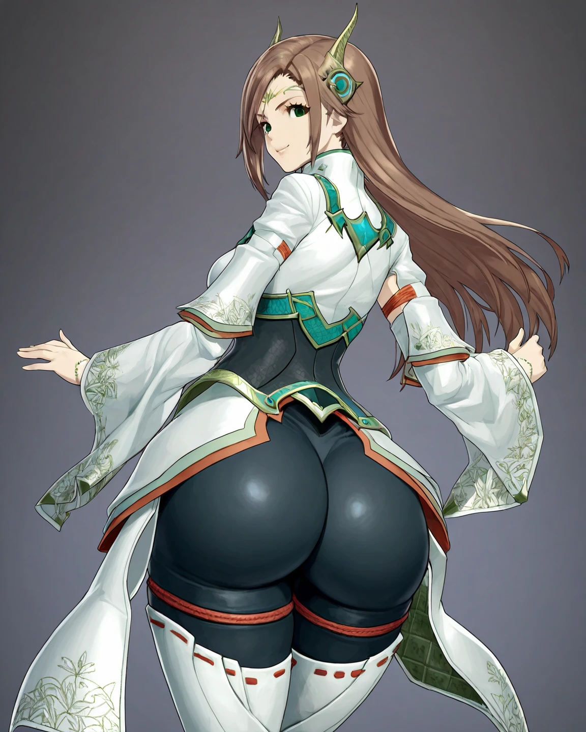 alexandria, green eyes, short hair/long hair, hair ornament/no headwear, circlet
xenoblade, long sleeve shirt, thigh boots, leggings, waist cape, breastplate, bracelet, smile, ass visible from front, ass focus, looking at viewer, (((big ass))).