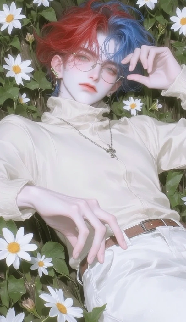 (masterpiece, best quality, dreamlike, hyperrealistic, 4k, 1boy:1.35), (Prince Narcissus is a beautiful royal translucent albino lithe slender androgynous male parasitic flower, Prince of Flowers, narcissistic vain squeamish haughty overflown with scorn and disdain matching his exceptional beauty, his beautiful eyes are enthralling, his smell is exotic and enthralling permeated with hallucinogens and pheromones, a fragile beauty, anyone can easily castrate him:1.65)
