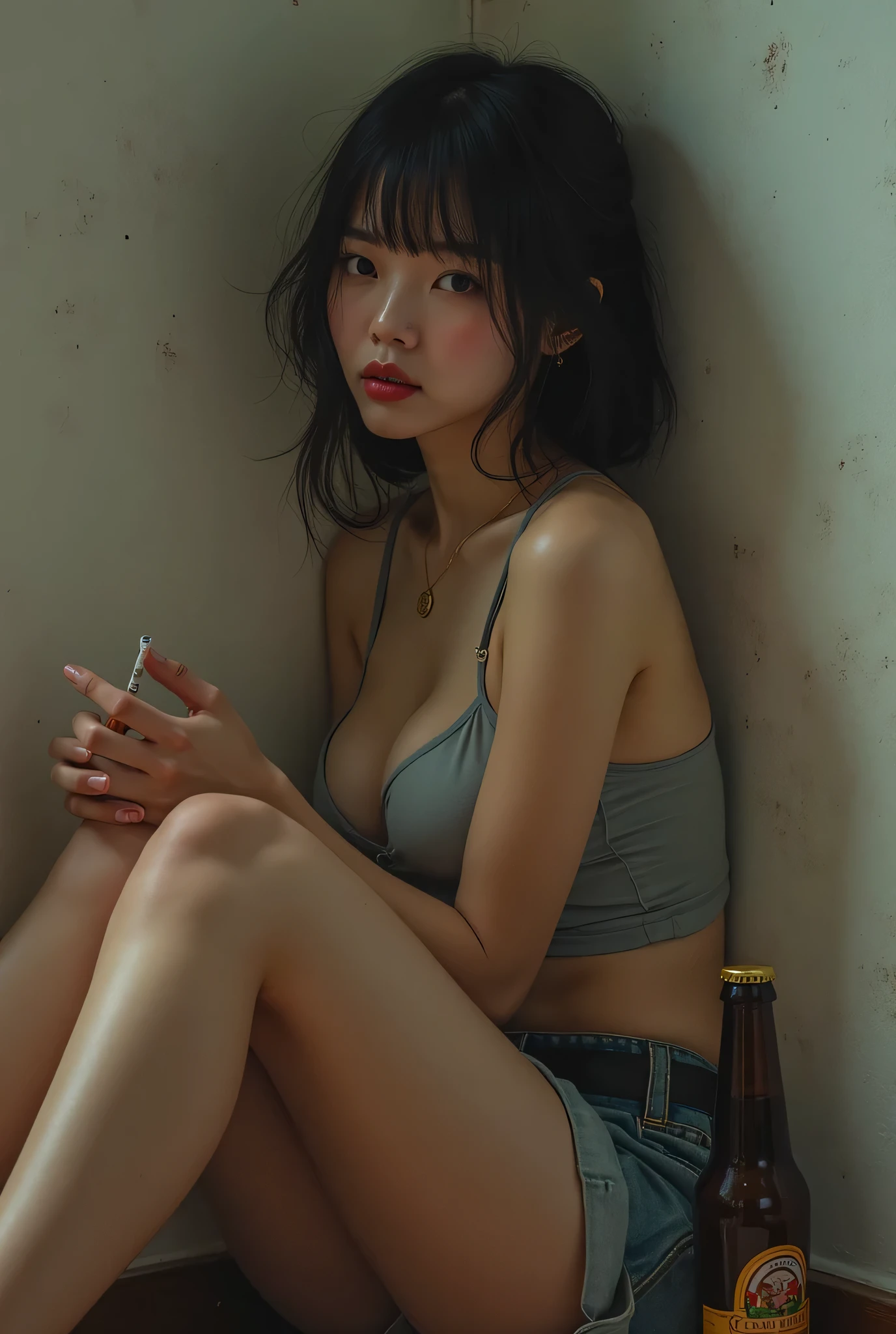 Sitting in the middle of an abandoned men's toilet,There is a men's standing urinal,Cigarette butts and littered toilet paper,Devastated,Broken doors and windows,Clutter piles up haphazardly,The ground is a mess,pee stain, Sweat, sewage, Splashes,The ground is dilapidated,Flesh-colored transparent bikini,Cloudy white liquid covering,facing at camera,Exquisite and perfect facial features,the most beautiful big eyes,Long eyelashes,The eyes are sweet and there are lying silkworms,Willow leaf arched his eyebrows,White and tender skin,Slender legs,Delicate and perfect human body structure,Barefoot,Spread your legs,Extreme picture quality,Highest accuracy,Extreme exhibitionism,South Korean beauties