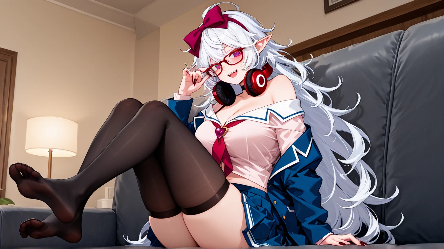wet white hair cat ears a crown black glasses pink eyes extremely blushing you have put on a bra you are holding the cat&#39;s tail you are wearing red underwear a cat&#39;s tail with red stockings in your room lying on your bed