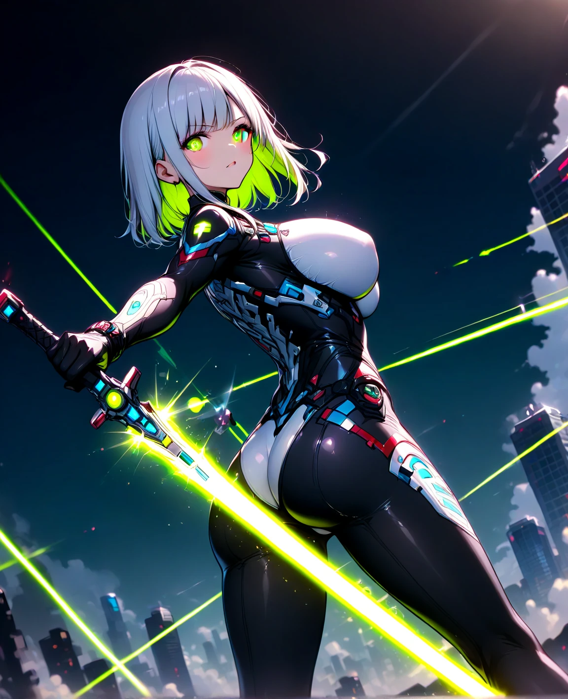 1girl, green hair, yellow eyes, pixie cut, very short hair, smile, breasts, leotard, black leotard, pantyhose, black pantyhose, neon, futuristic, science-fiction, full_body, ((full body)), mature female, hourglass figure, large breasts, machinery, tech, neon trim, sneakers, fighting stance, lightsaber, sword