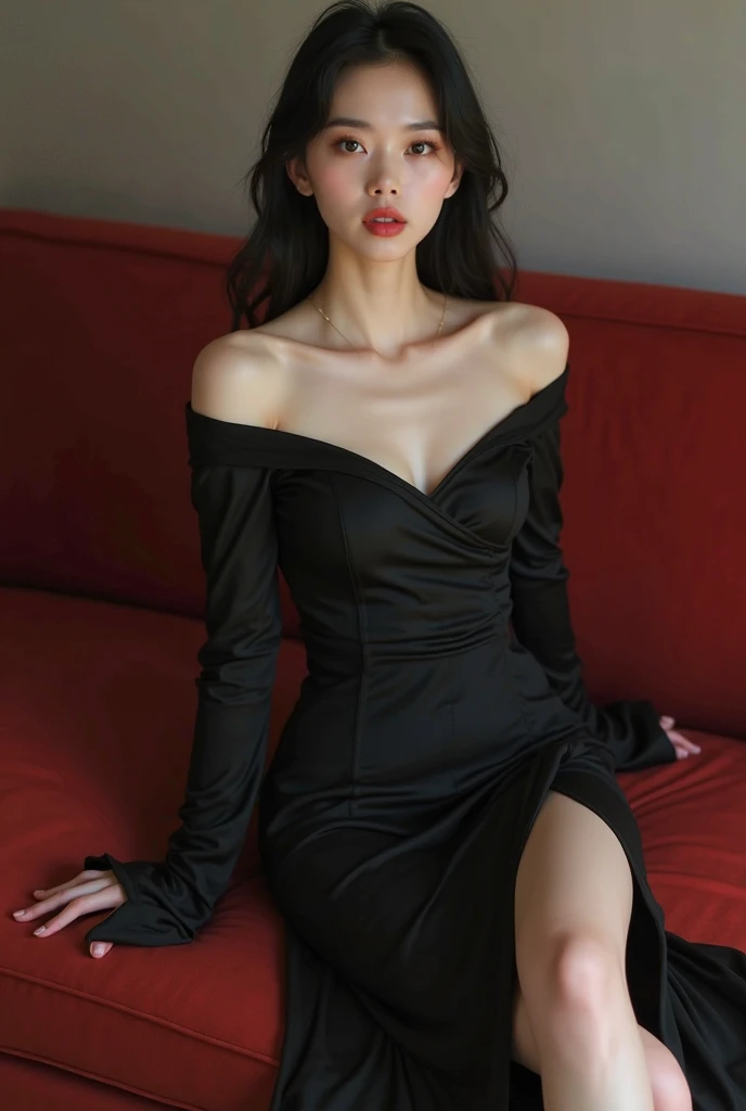 1 girl,Sit on a comfortable sofa,legs crossed,soft light,Black silk big breasts