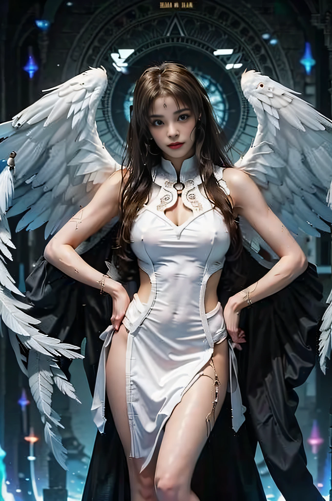 （best qualtiy、8K、32K、tmasterpiece、hyper HD、ultra - detailed、Wallpapers、realisticlying、realisticlying：1.2）、Arad woman in black and white costume with wings, full - body majestic angel, wearing angel, angel knight gothic girl, tall female angel, hip skirt wings, angel girl, with real wings, Girl with angel wings, angel with black wings, angel themed, young wan angel, beautiful cyborg angel girl, massive angel wings, Angelic, Wide angel