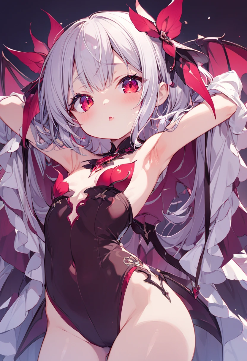 facing front, pink pony, fangs, red eyes, white irises, white hair, bat wings, succubus tail