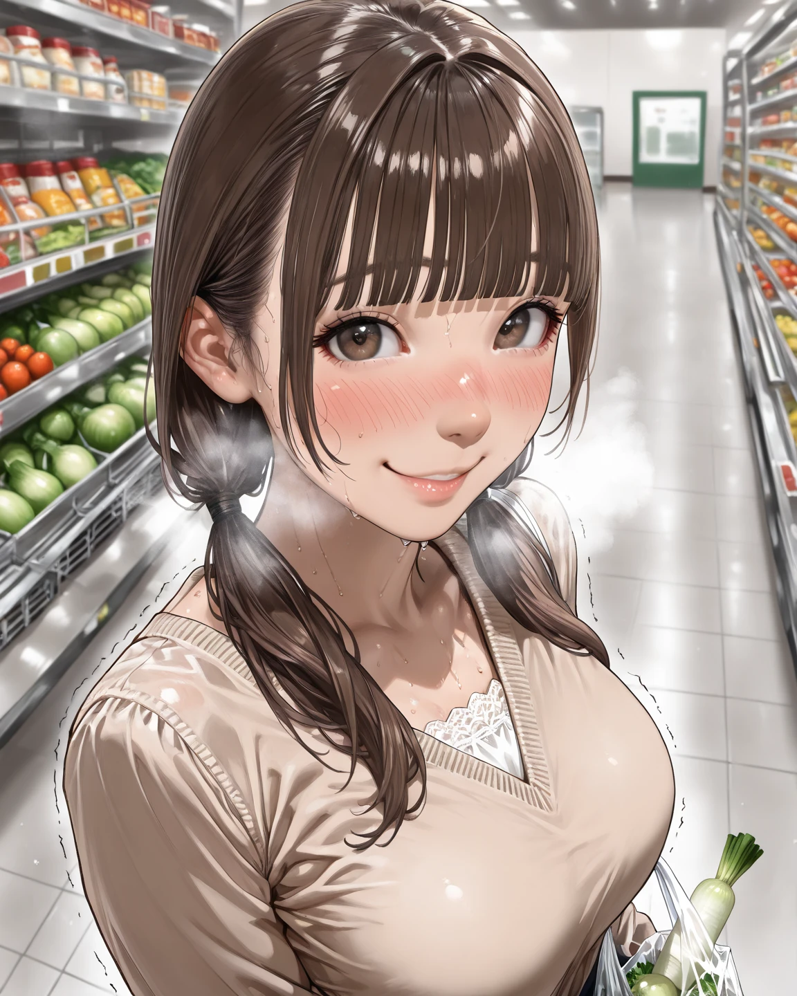 Completely naked、Brown hair ponytail、Long Hair、Are standing、True Face、smile、One adult woman