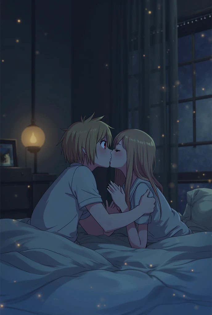 Beautiful 23 year old large blonde woman in lingerie, pubic hair, in a softly lit bedroom on a cozy bed and warm flowers, sex with little 7 year old redheaded son in pajamas. small 7 year old boy inserts penis into woman&#39;s crotch, a little boy, Cute, passionate, movement lines.
