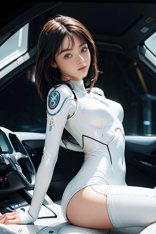 (smile)、(((Staring at the audience)))、((Spaceman in space suit sitting in spaceship cockpit)),wear spacesuits, Dressed in an astronaut costume, Cute girl in a tank top, girl in space, In space, (((Dressed in an astronaut costume))), woman astronaut, ((Sitting on a chair with legs spread))、((Sexy young woman&#39;s body:1.4))、