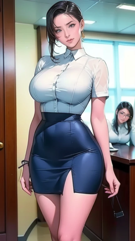 Office lady, from behind, butt sticking out, business suit, pencil skirt, 2 hands, 2 legs, invite
