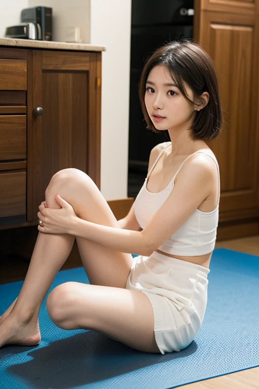 ((highest quality、8K、masterpiece、Portrait: 1.3))、(ambient light: 1.5)、(Bounce lighting: 1.8)、H Photorealistic、((Correct Anatomy))、30 years old、Japanese、Beauty like an actress、Living alone、Midsummer、hot temperature 、Humidity、((Wearing white lingerie))、((Well-trained physique: 1.5))、(((((Beautiful white skin、Smooth Skin)))))、((More beautiful than an actress))、Short wavy hair、((Spread your legs: 1.5) 、Beautiful legs、(Perfect body: 1.1)、Flat Chest、(A lean and toned body: 1.2)、 Stick your butt out、((((Squat))))、((Pure white background studio: 1.2、bed、Sunset Light))、Ultra Close-Up、Laughing out loud、