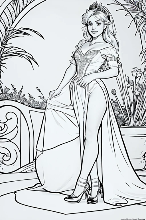 black and white, line art, coloring drawing of of beautiful sensual nude and erotic woman with massive breasts. The breasts are not covered by anything. huge breasts、 woman stand face to the camera and have both hands hide behind back. Woman is beautiful princes in stockings and corset. Full body view. very long blond hair. in background big castle in cose range. Around high old tree. High detailed. 8k, sharp, movie style, ,white background, thick outlines, diffused light