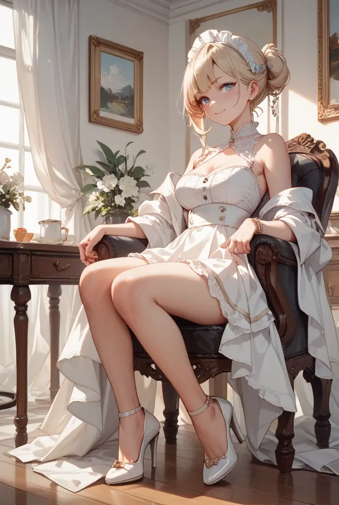 (masterpiece, high resolution, best quality,highres:1.5), CG, illustration, delicate face, cute face, shiny hair, shiny skin, sparkling pupils, Latex dresses,High heels,Patterned dragonfly stockings, looking back, silver hair, 