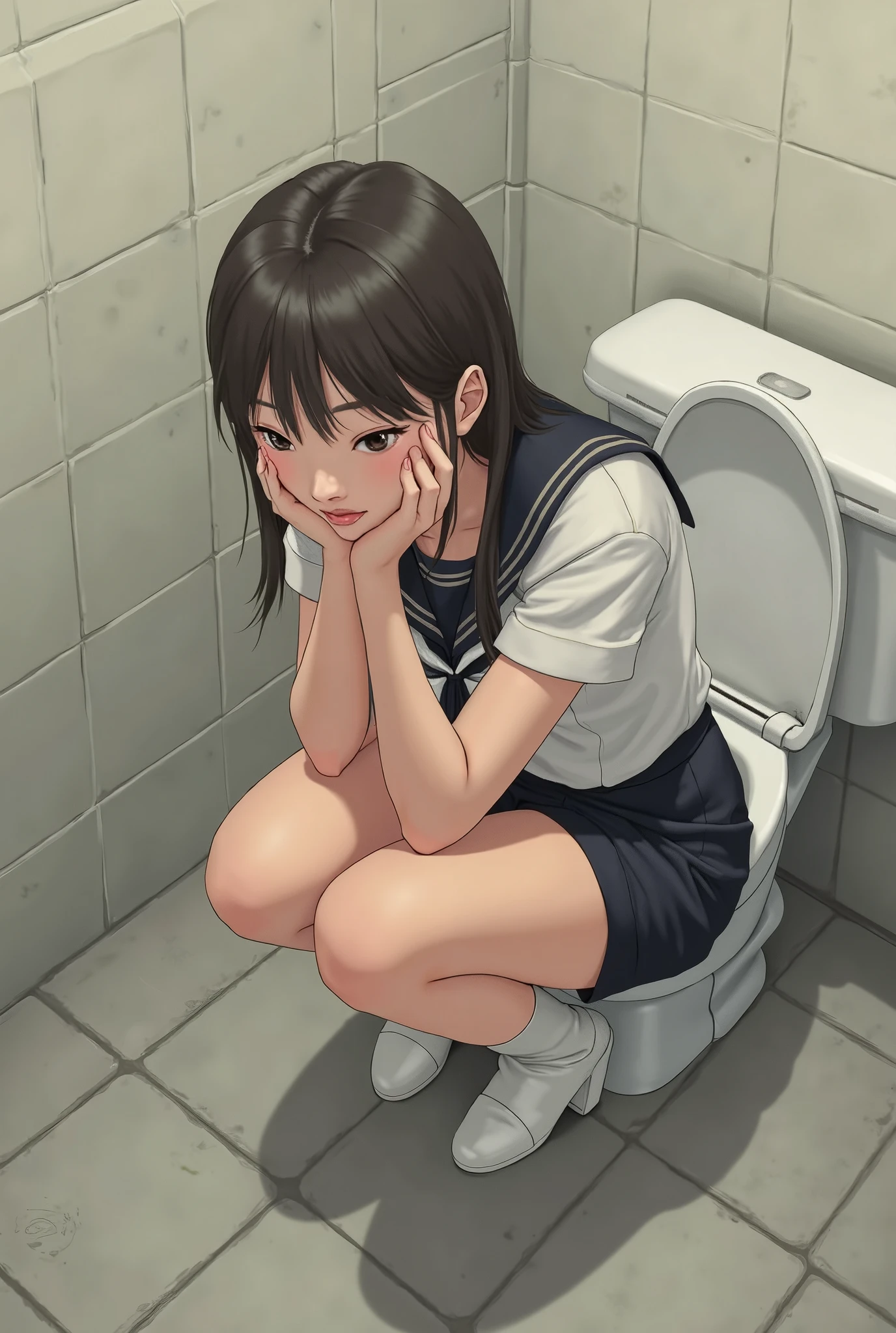 (embarassed)、(blushes)、(Very crying face)、Inside the toilet in a private room、Anime girl sitting on the toilet bowl, anime moe art style, Beautiful Anime Girl, Anime visuals of cute girls, very beautif, Cute Anime Girl, the anime girl is crouching, animegirl, young anime girl,, realistic anime art style、restroom、The location is toilet、ponie tail、Dark hair、Crying、Drenched from the waist down、You can see your feet better、The color of underwear is light blue、Water is dripping from between the crotches、Wet from the waist down、Crying、Inside the toilet in a private room、Anime girl sitting on the toilet bowl, anime moe art style, Beautiful Anime Girl, Anime visuals of cute girls, very beautif, Cute Anime Girl, the anime girl is crouching, animegirl, young anime girl,, realistic anime art style、restroom、The location is toilet、ponie tail、Dark hair、Crying、Drenched from the waist down、You can see your feet better、The color of underwear is light blue、Water is dripping from between the crotches、Wet from the waist down、Crying、The clothes you are wearing are school uniforms.、((Crying))、shy、Crying face、Face of fear、(Girls pee a lot on their own:0.4)