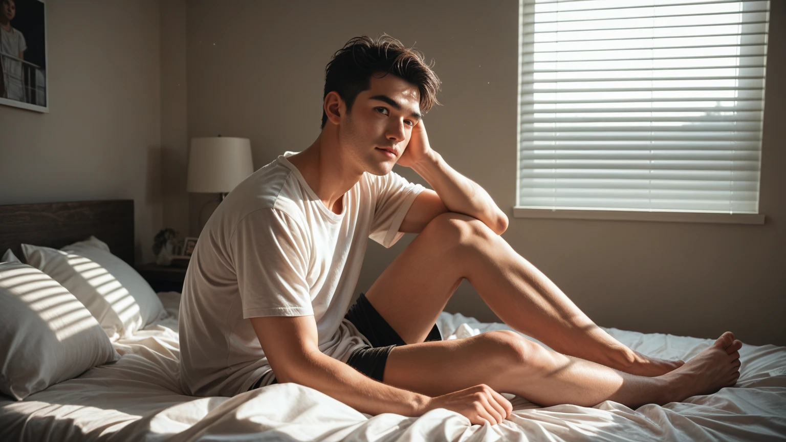a handsome Indonesian young man is lying on the bed, wearing a torn white shirt, gray cloth trousers, his mouth covered with black duct tape, his hands and feet tied to an iron bed pole
