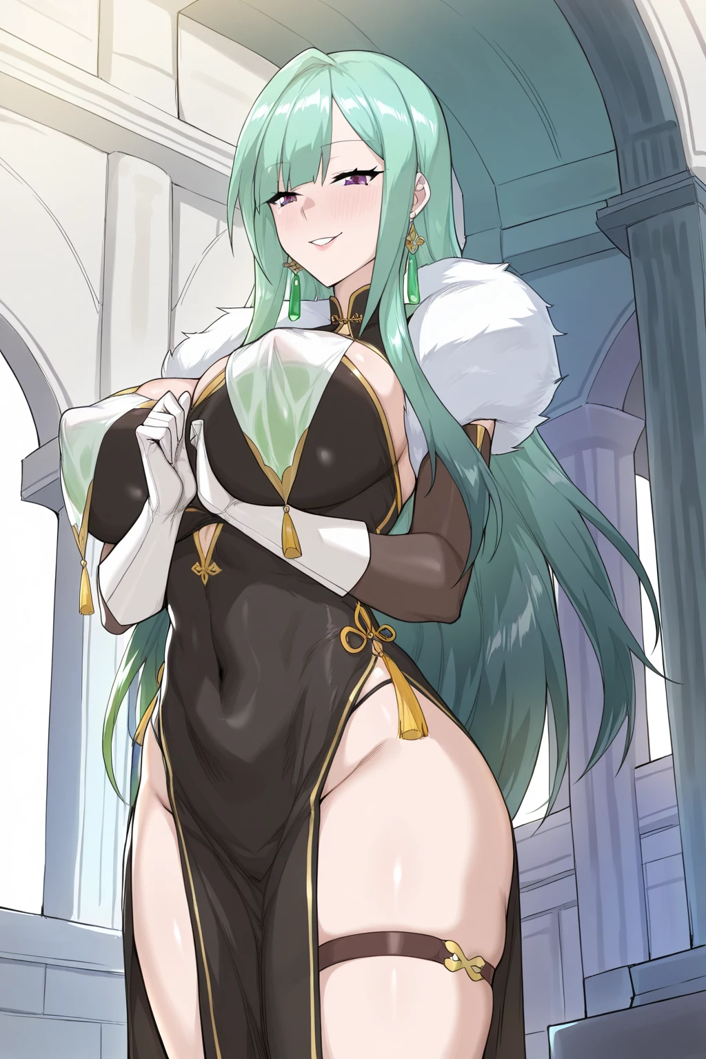 green and hight blue hair, beautiful eyes, white skin, bare breast,bare shoulder, bare hips, bare but,bare ass, bare belly, bare back, tight sexy white and blue and green dress, sexy blue and golden armor tight, wet body, hyper breasts, big butt, looking towards the viewer, ring of light on head, hands lifting chest, lifting legs,((best quality)), ((masterpiece)), (detailed), perfect beautiful face, 1 young adult girl 16 year old, solo,look at the viewer,see-through clothing armor,white skin,wet body,wet tight suit,wet tight dress,turn towards the viewer, white milky solution in breasts, yellow eagle eyes, spiky hair,cut-out suit,black elbow gloves,Golden laurel wreath on head,hand unbuttoning bra,show breasts, show ass,open hip,shoulder-length hair,penetration,half naked