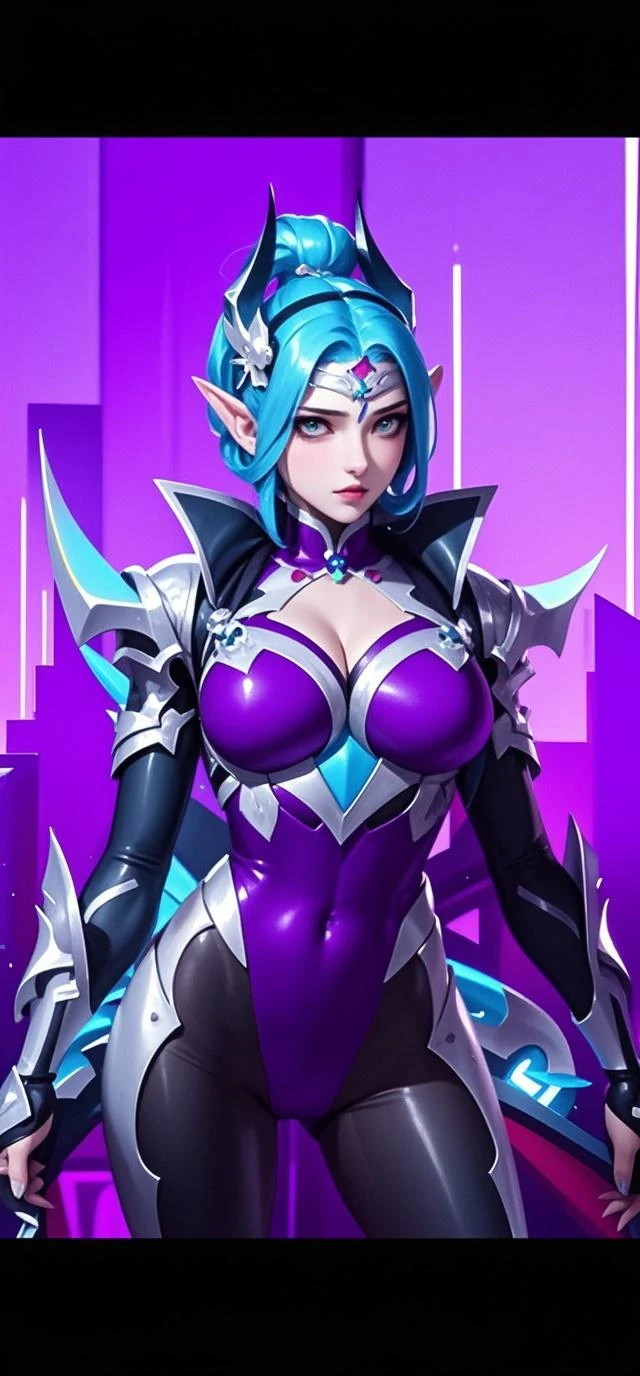 ((masterpiece,best quality)), absurdres, <lora:Karina_ML_v2:0.6>, Karina_ML, solo, smiling, purple skin, looking at viewer, cowboy shot, cinematic composition, dynamic pose