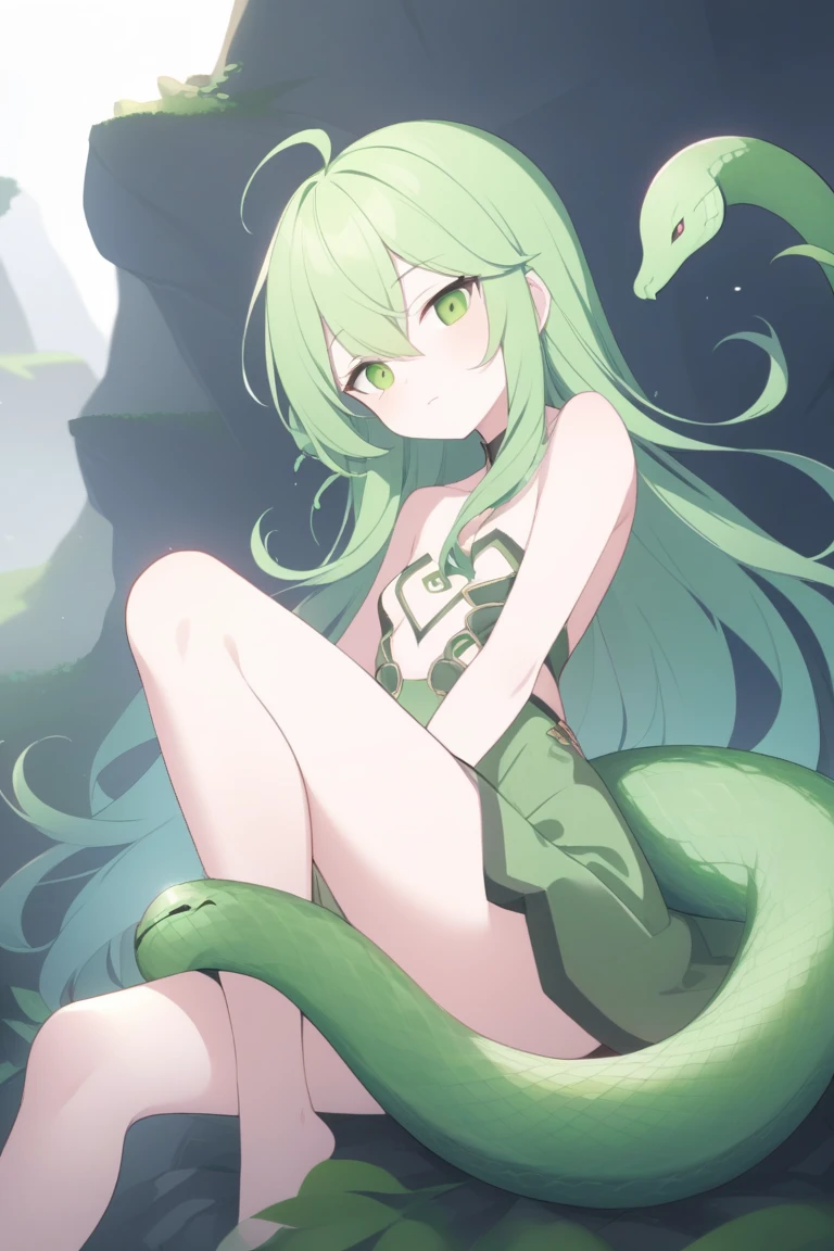 Snake girl,lamia,snake body,Based on Miia from Everyday Life with Monster Girls、A seductive version of Echidna from Queen's Blade。
Detailed explanation:
Beautiful upper body of a human female、The lower half of the body is that of a snake covered in scales.。Her hair is long and greenish-golden.、The pupils are vertically narrow like a snake.。The body has a thin scale pattern.、Skin is pale green。breasts are large、Covered with a thin cloth。From the waist down it has a long snake's tail.、It is covered in scales of a gradation of green and gold.。
Although her personality is seductive、Surprisingly intelligent。He's good at misleading intruders.、Its hypnotic powers are extremely powerful。