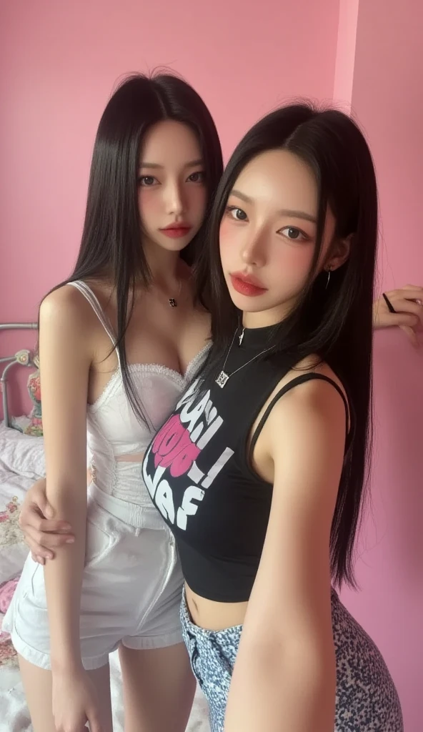 Kim Jennie con el cabello negro oscuro, con rulos en las puntas del cabello negro oscuro, con un ganchito de estrella en el cabello negro oscuro, ojos de color claro, ojos bonitos, ojos llorosos, nariz bonita y respingada, labios bonitos, labios rosas, heart and cupid shaped lip, piel bonita, pale, white skin, con lunares y pecas en todo el rostro, rubor rosa suave en las mejilla, rubor rosa natural, dark and gothic makeup, Jennie gotica, mientras ella esta con un chico lindo a su lado, with a cute asian boy standing next to her, mientras hay un torso de hombre, mientras el hombre'His hand is on her jaw., manos bonitas de hombre, with a gothic boy, cuellos bonito, cuello marcado, frown, mirada enojada, con un collar de beso, un collar bonito de beso, mientras muestra sus pechos desnudos, mientras tiene los pezones con dos corazones de papel rosa, tiene los pezonnes con corazones de papel rosa (pechos grandes, pechos suaves, pechos bonitos, pechos naturales), con un chico a su lado, con su novio, mirando a la camara, autofoto