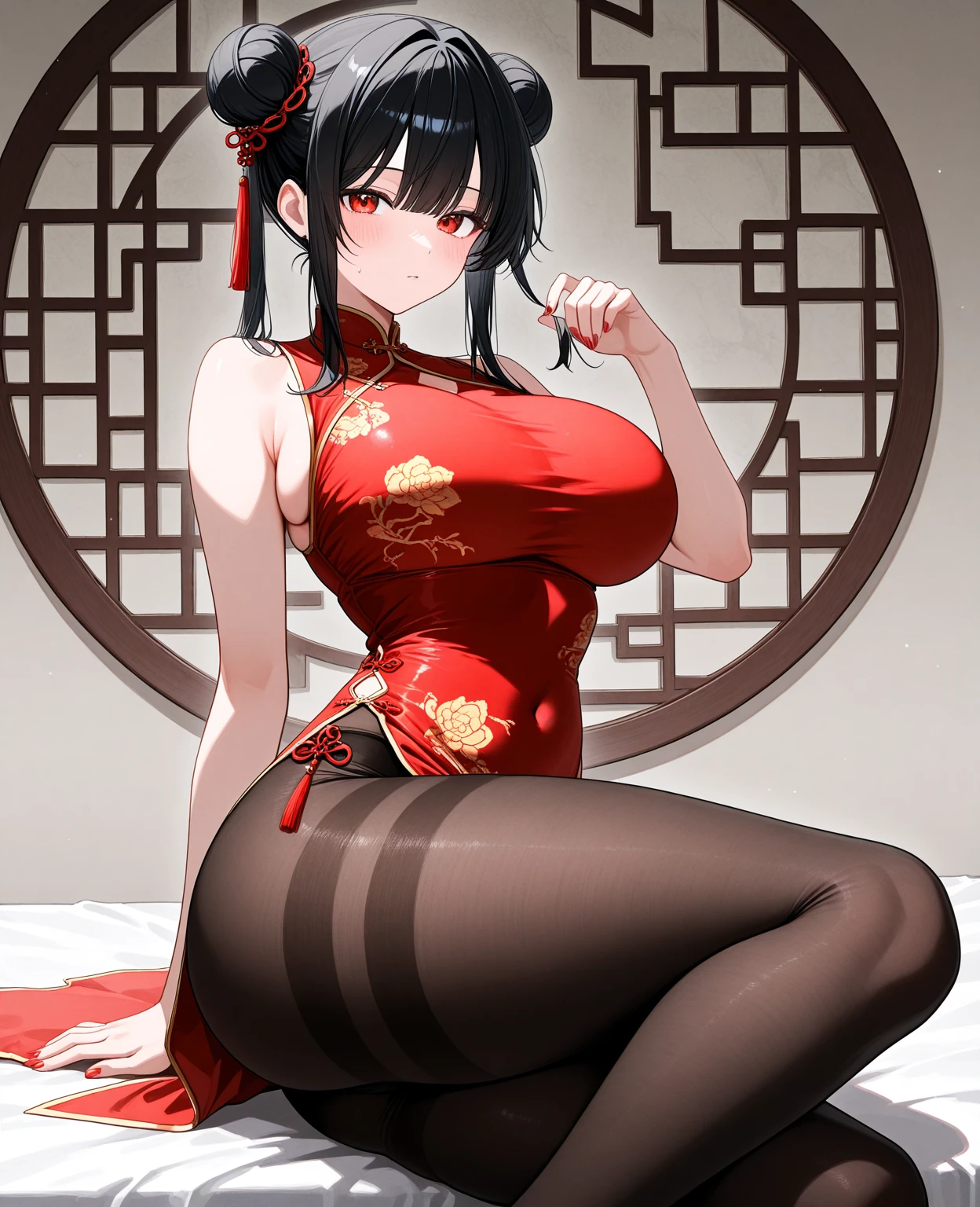 (masterpiece、highest quality)、(Photorealistic:1.4)、 Mature Woman, Beautiful thighs、Front view、1 girl、30 years old、Perfect Face、Symmetrical cute face、(Bun Hair、Black Hair)、Big eyes、Long eyelashes、((expensive))、Beautiful Hair、Beautiful Face、Beautiful and beautiful eyes、Perfect Proportions、Beautiful breasts、Beautiful feet、Beautiful fingers、((High quality fabric、Red Chinese Dress、Skirt flip))、(To the hospital)、Are standing、 (smile), (((Skirt lift with both hands、Panties and pantyhose are visible)))