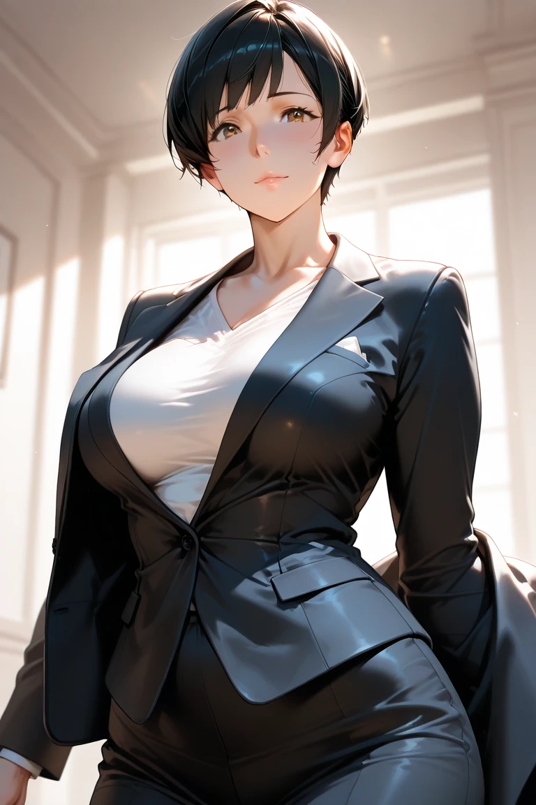 1girl,young girl, shiny skin,big breasts,nice leg line:1.3, thin waist,, thighhighs,necktie,((pencil skirt)),looking at viewer,from below,full body, ( pantyhose:1.3),(The golden ratio figure),
masterpiece, best quality, best perspective, ultra-detailed and intricate, extremely delicate and beautiful, best quality light, (ray tracing:1.1), anti-aliasing,
realistic,photorealistic,award-winning illustration,(intricate details:1.2),(delicate detailed) (intricate details),(cinematic light,best quality Backlights),clear line,sharp focus,official art,unity 8k wallpaper,absurdres,incredibly absurdres,huge filesize,ultra-detailed,highres,extremely detailed extremely delicate and beautiful,RAW photo, professional lighting,dynamic lighting,light on the face,depthoffield,solofocus,cool beauty,tall woman,black hair,short cut hair,Precisely expresses details such as face and skin texture,beautiful eye,double eyelid,delicate skin,slender body shape,alone,