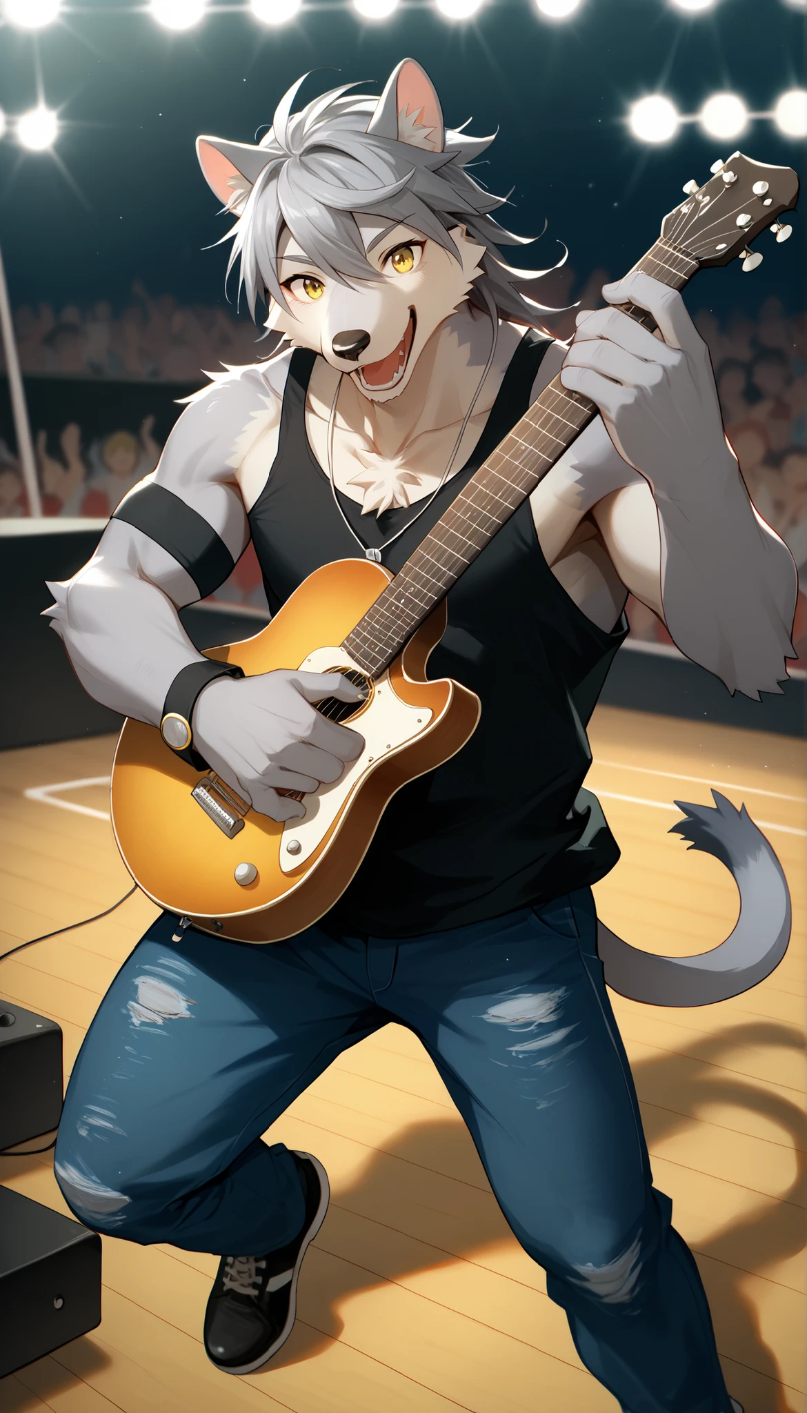 score_9, score_8_up, score_7_up, High Quality, hires, 4K, solo, where does it come_Aotsuki , Orenatsu, fur directly in front of the chest, Yellow Eyes, tank top, black tank top, underpants, happy, Portrait, Full body image of gray fur standing from the front on stage pulling a guitar at a live venue