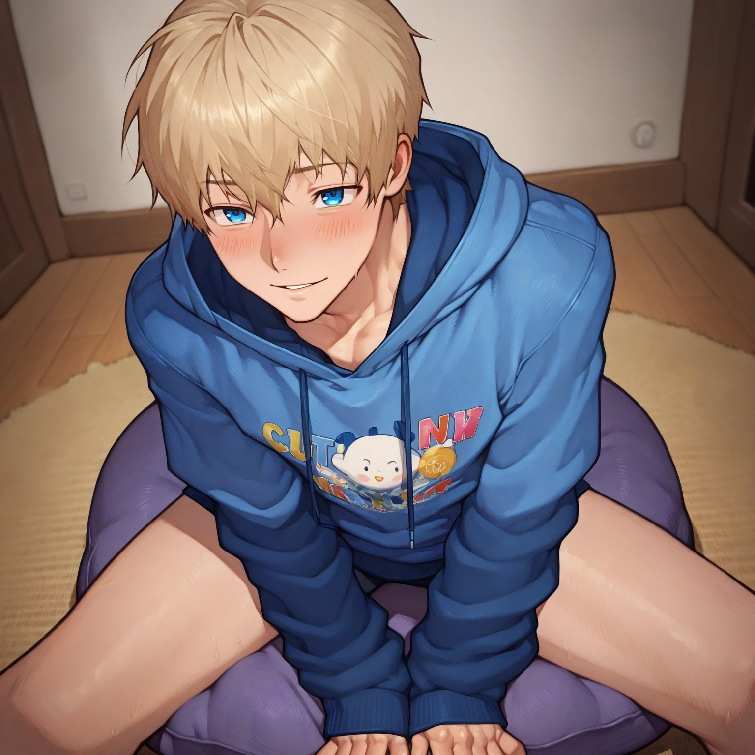 score_9, score_8_up, score_7_up, source_anime, flat color, anime screencap, ikuchan, BREAK, 1boy, wattson, apex legends, genderbend, huge enormous penis, nude, twink, indoors, blonde hair, smug, lean, huge enormous penis, stroking penis, femboy, otoko no ko, full-body, sitting, couch, touching self, muscular, large waist, large thighs, ((solo))