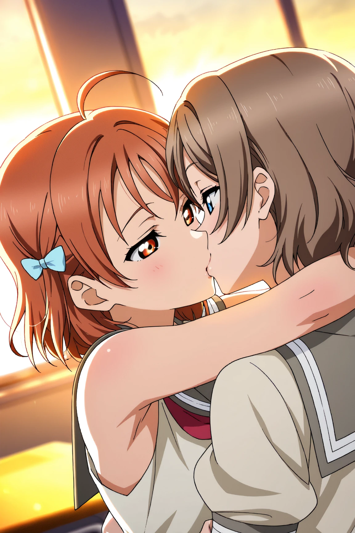 high quality, anime, Japanese, Two Girls, thin目, cute, Brown Hair, Big Breasts, thin, Big eyes, Small Nose, , classroom, Lesbian couple, kiss,