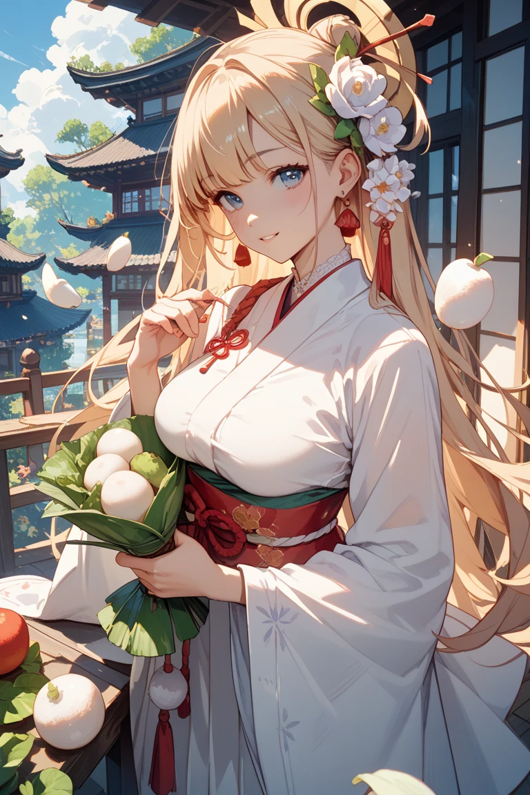 A high school girl wearing an ao dai buying snacks　Tight Ao Dai　highest quality　Ao dai with pink lotus pattern