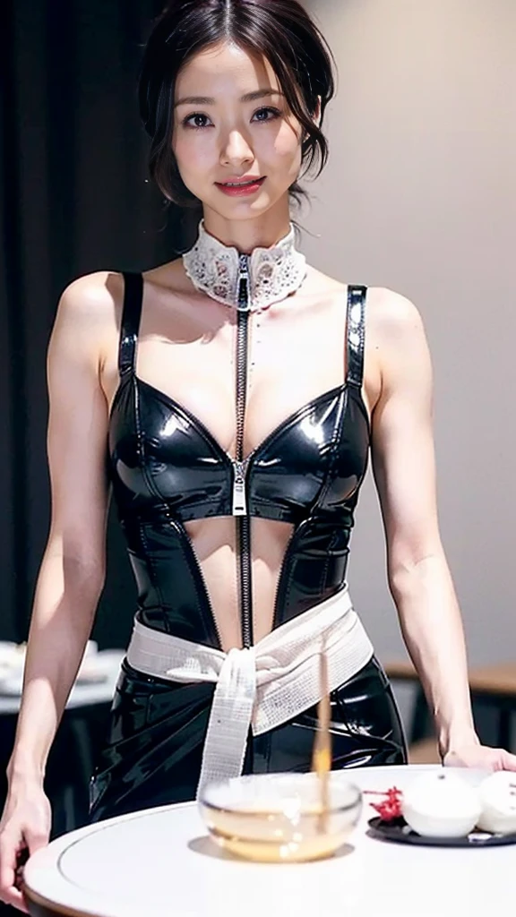 Highest quality, Ultra-high resolution, (Realistic:1.4), One girl, off-the-shoulder white shirt, Black tight skirt, Black Choker, (Faded grey hair:1), (Huge breasts:1.2), View your viewers, close