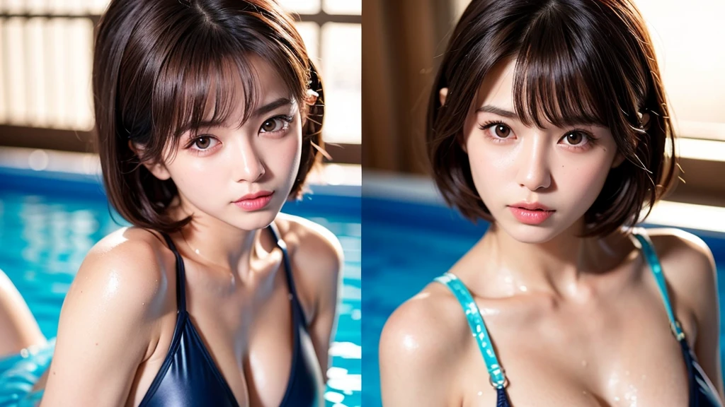 ((super high quality、High resolution、masterpiece、 Anatomically correct、Super detailed photos、Ultra-realistic photos、 Highest quality))、(2girls)、looking at viewer、from front、(cowboy shot)、(clear oily skin:1.2)、High cut bikini、Micro Bikini、(from front)、((huge breast))、Long legs、Small waist、Large Breasts、Detailed face、Perfect figure、Brown Hair、Medium Hair、Poses that accentuate cleavage、Luxury hotel night pool、Poolside at night