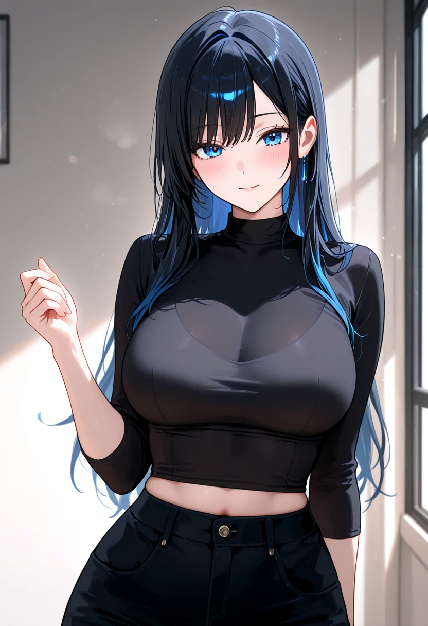 CRN1.2, ((masterpiece)), ((best quality)), 1girl, arms behind back, bangs, blush, bodysuit, breasts, closed mouth, covered navel, denim, grey background, hair between eyes, long hair, looking at viewer, purple eyes, shirt, short shorts, short sleeves, simple background, sitting, smile, solo, standing, straight hair, tied shirt, white shirt, <lora:AA Clothing - Body Suit & Shirt ((full black bodysuit), short sleeves, white shirt, tied shirt, latex, covered navel,):.5>