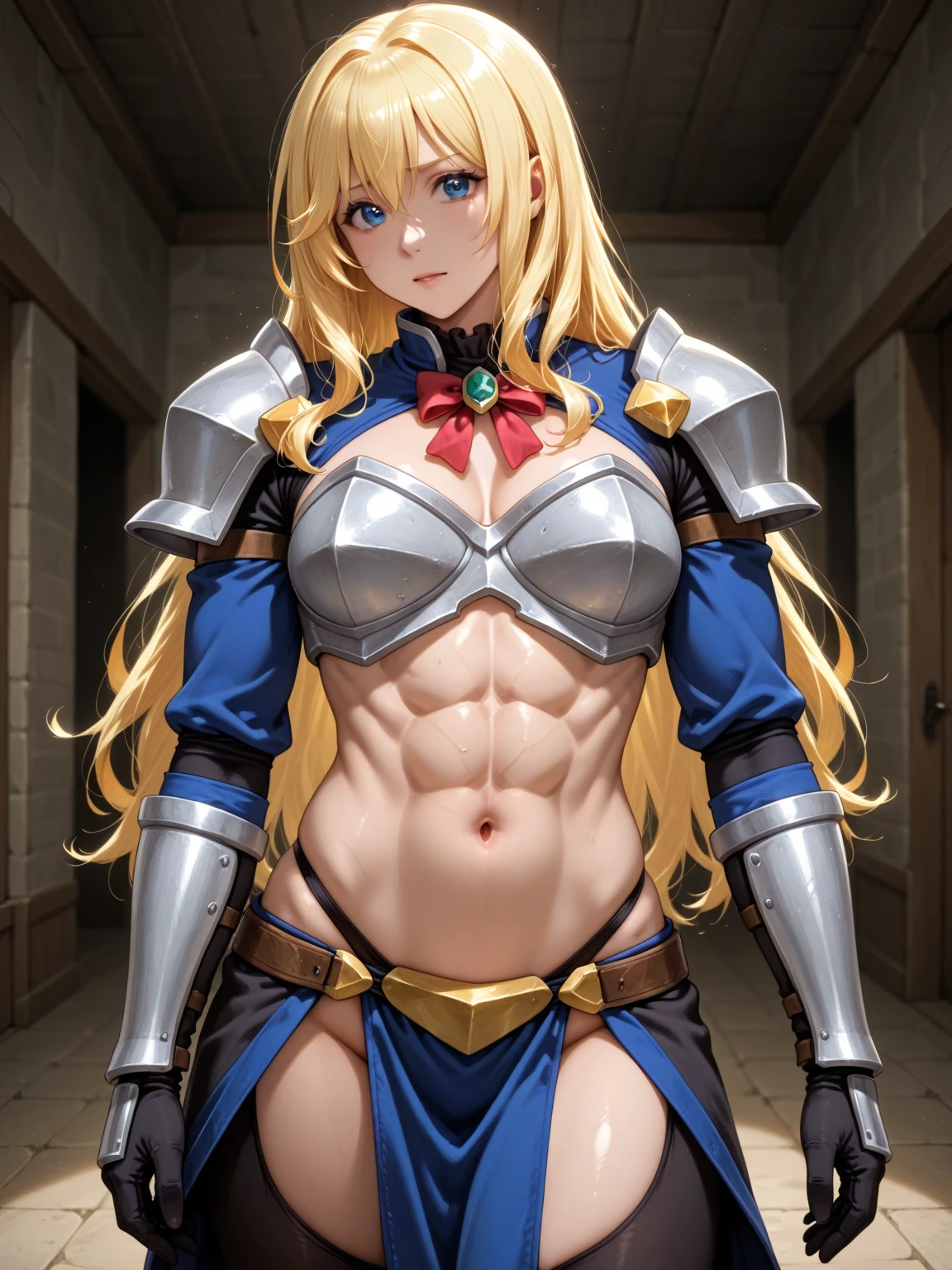 Very detailed、highest quality、Best image quality、masterpiece、8k、Anime Face、A kind smile、Open your mouth、Sparkling blue eyes、(Blonde wavy hair:1.5)、、Muscles of the whole body、camisole、Thigh belt、mini skirt、(Wearing red bikini armor:1.5)、(Cowboy Shot:1.5)、(Leg armor:1.5)