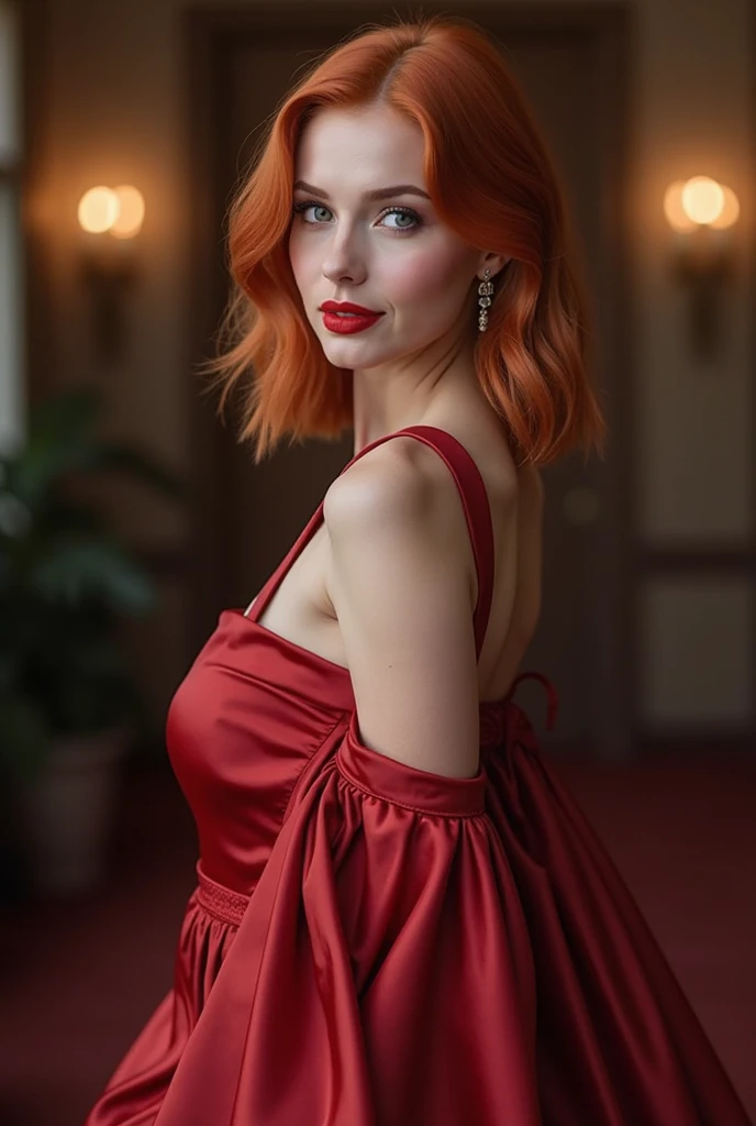 JessicaWaifu, Massive , elbow gloves, green eyes), Massive and Deep cleavage, Red lips, (strapless dress) (Red hair) (Red dress), ((She has a mature figure, her cleavage is Massive and Deep)) b