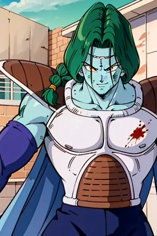 zarbon, fat man, sharp teeth, wrinkled skin,male focus, 1boy, solo, light blue cape, blue skin, green hair, cowboy shot,closed mouth,  single braid,grass, purple detached sleeves, saiyan armor, blue briefs,muscular male, yellow eyes,earrings,circlet, green sky, cloud, blue thighhighs,mountain ( best quality, masterpiece,realistic, photorealistic)  