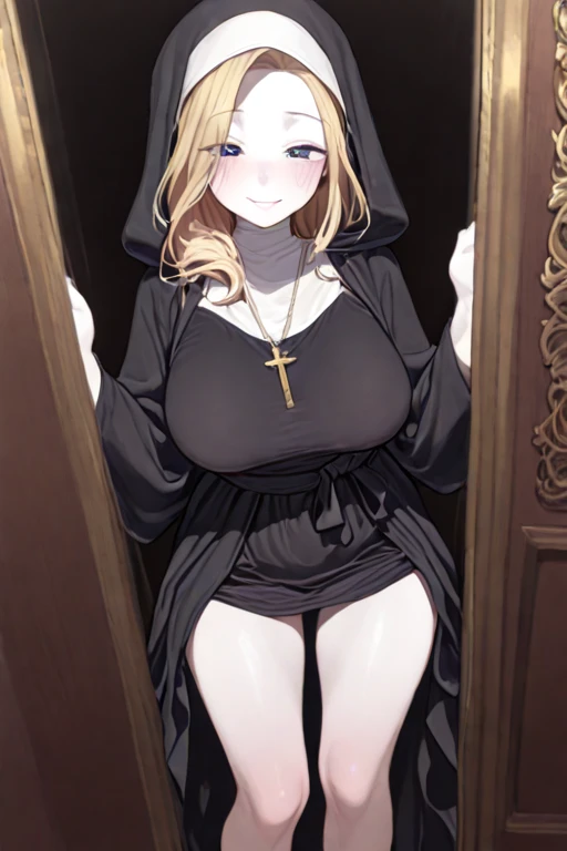 Slutty nun, black robe, cleavage, pale skin, medium body, (best quality, high resolution, extreme detail, outstanding composition, masterpiece:1.4), dark, partially illuminated, naked full body, show pussy, show tits, open pussy 
Back view 