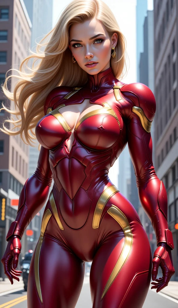Best quality, 8K, action pose, woman vintage super hero, beautiful and detailed face, blonde curly long hair,big eyelashes,LOOKING TO observer,red and blue metalic armour over bodystocking, SHINY GLOSSY PANTYHOSE,black belt,over the knee boots,white neutral scenario
