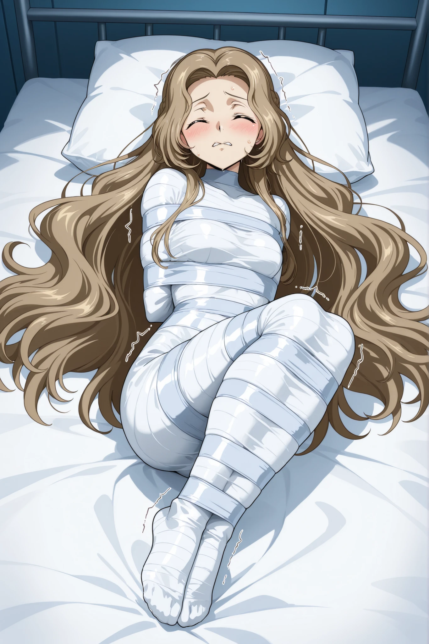 ,Code Geass: Hangyaku no Lelouch,nunnally lamperouge, nunnally vi britannia, long hair, brown hair, very long hair, closed eyes,
,They're being rolled over in their sleep,A girl lying on her back on a bed, lying on her side,legs bent,
,White bandage,All White tape,Mummification Bondage of White,White mummy,White mummification,White mummified,feet together,bondage,wrappedupgirl,Arms behind the body,Arm Mummification,
,Arms are pressed against the back,There is no space between the body and the arms,Hands behind the body,
,(masterpiece, best quality),anime style,beautiful girl,high resolution,vivid colors, extremely detailed,Ultra detail: 1.3,Vibrant colors,anime screenshot,
,Background an unadorned white Padded room,Background Small a featureless white room,
,One girl,a girl,Only one girl,1girl,solo,
,Whole full body,full body in frame,,face visible,,close-up,face focus,
,looking at viewer, direct eye contact,turned head,
,awkward expression,nervous,trembling, biting lip, ,one eye closed,One eye is half open, ,blush, ,sweat, a lot of sweat,