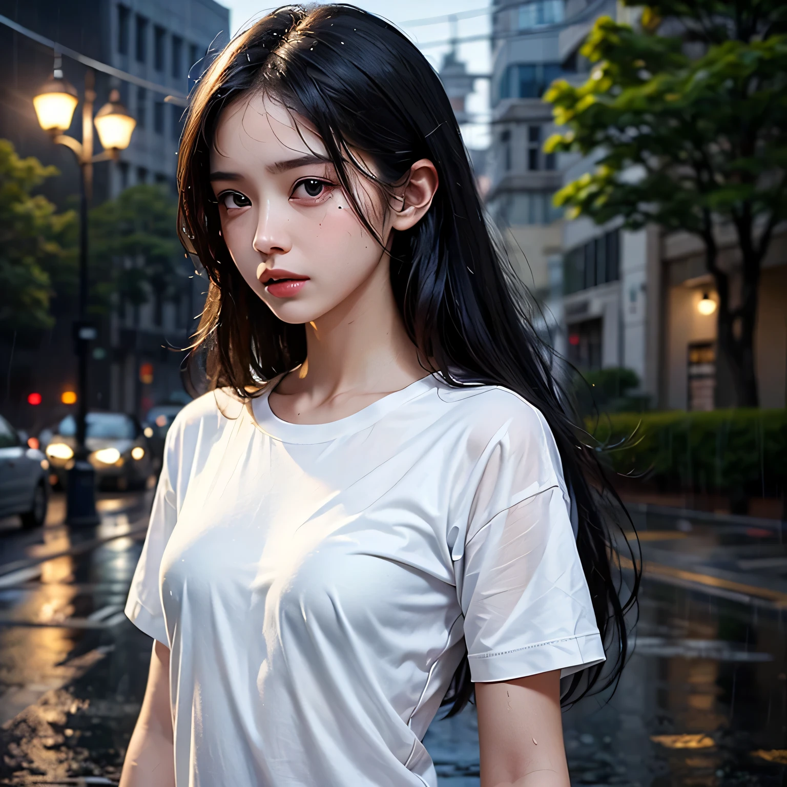 (((best quality))),(((ultra detailed))),(((masterpiece))),illustration,((1 beautiful girl,solo)),(dancing:1.3),((slim,thin)),short ponytail,((small breasts,flat chest)),floral short-sleeved shirt-dress,slender legs,rainy night, heavy rain, drenched clothes, melancholy expression, solitude, tear rolling down cheek, wet hair, empty streets, dimly lit, deserted environment, sound of rain, footsteps, symbol of hope, abandoned, resilience, determination, walking in rain, heartbreak, loss, love fading, loneliness, body language, facial expression, dreary atmosphere, rain-soaked streets, somber mood, viewer engagement,from front,urban scape,night scene,(((wet,sweat,shiny skin))),